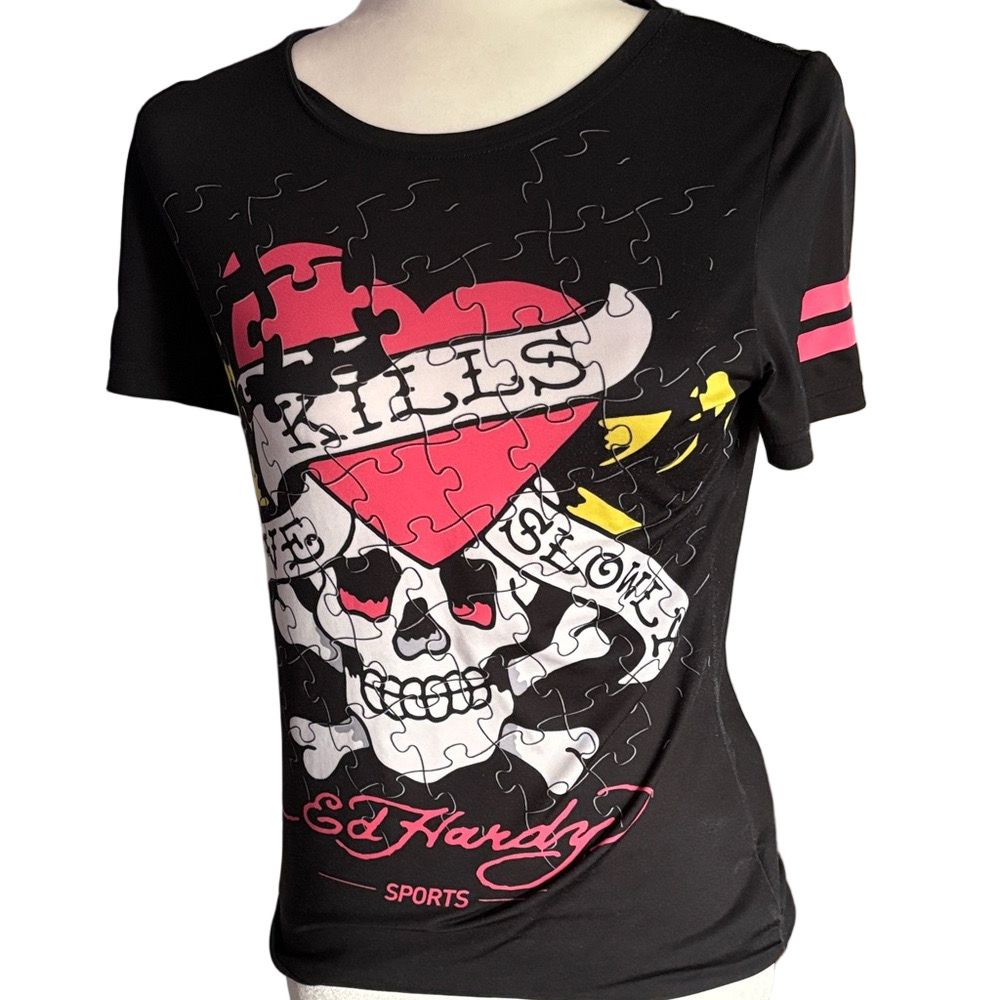 Ed Hardy Black Tee with Skull and Heart Design
